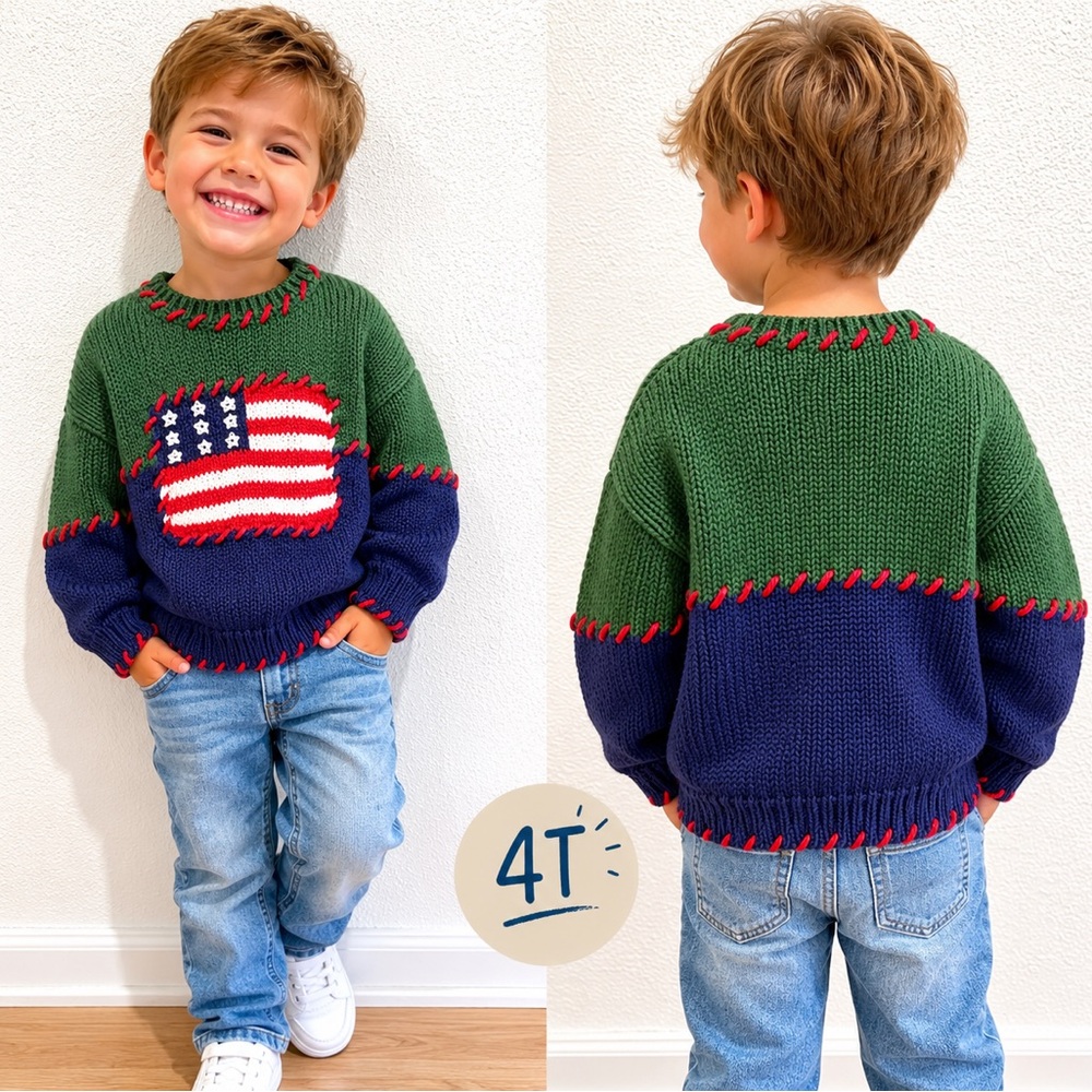 Kids ramie & cotton vintage‎ Color block Flag Knit Sweater - Green & Navy 4T